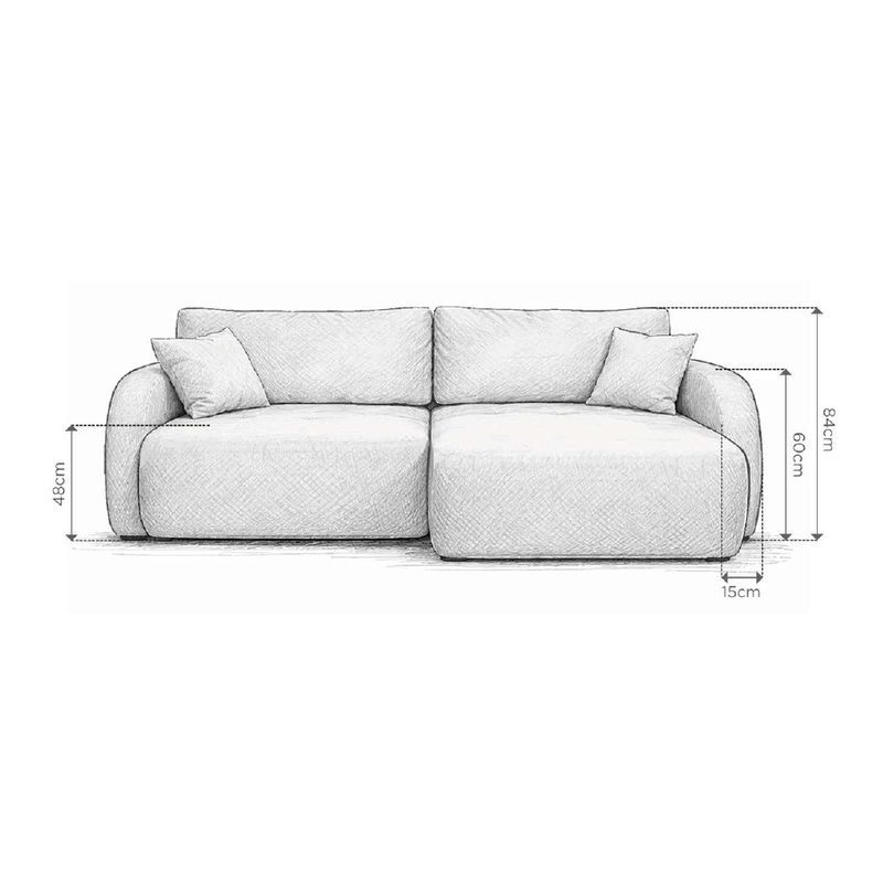 Desenho técnico do Sofá Cama Belina com as medidas: 48 cm do chão ao assento, 84 cm de altura total e braço de 15 cm